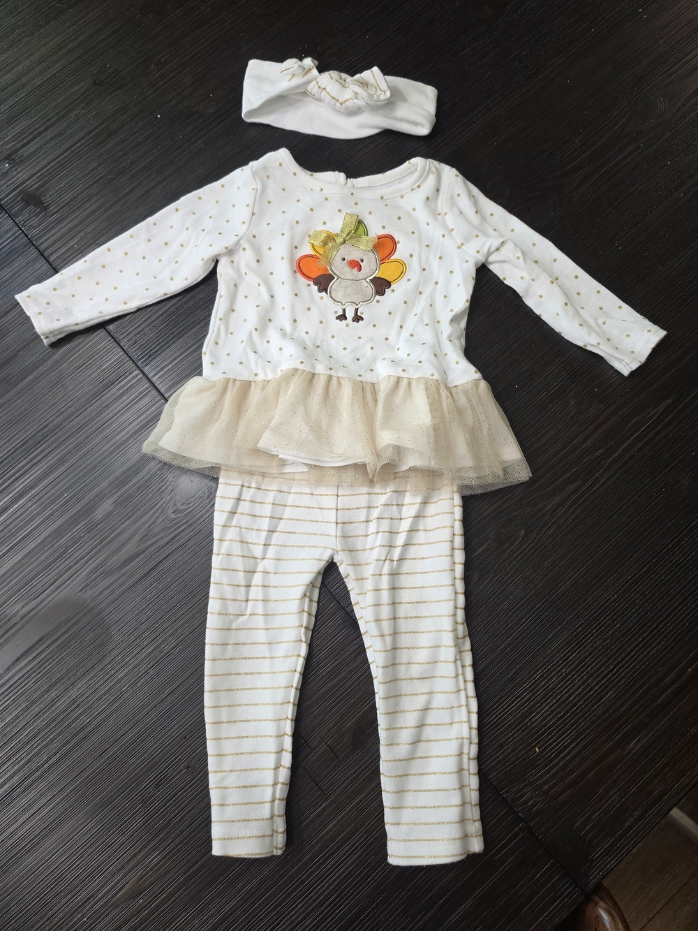 Baby Essentials White & Gold Turkey Tutu Outfit with Striped Leggings